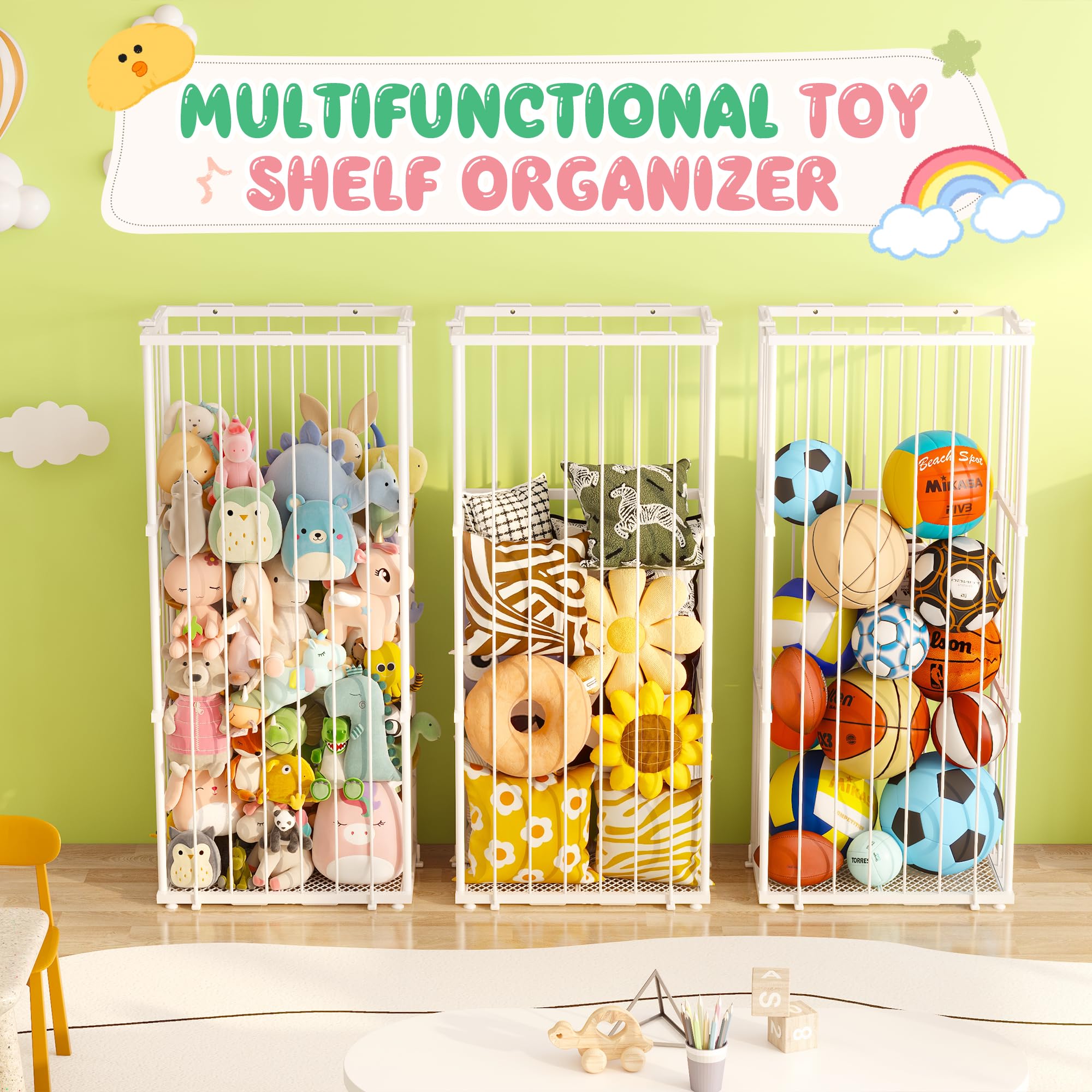 Dmticoasis off-floor elevated storage keeps toys clean and accessible.