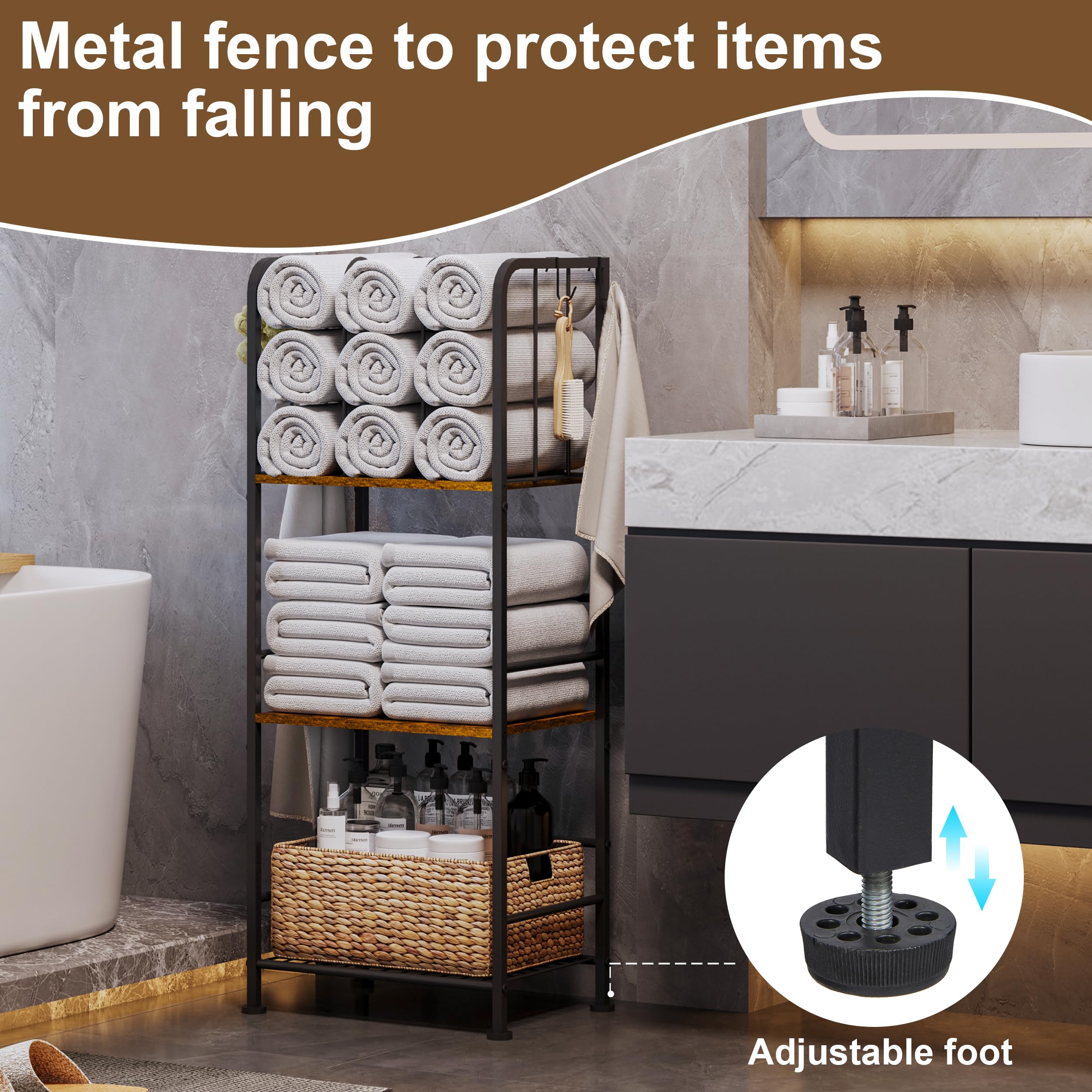 Dmticoasis towel rack featuring four hooks to keep loofahs tidy