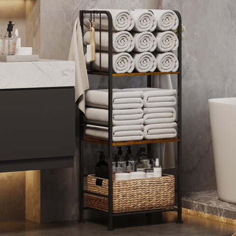 Dmticoasis towel rack with top shelf and M-shaped dividers for organized towels