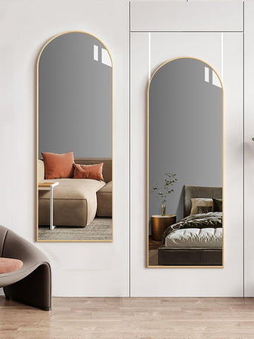 DMWOODFL arched full-length mirror in gold over door for outfit checks