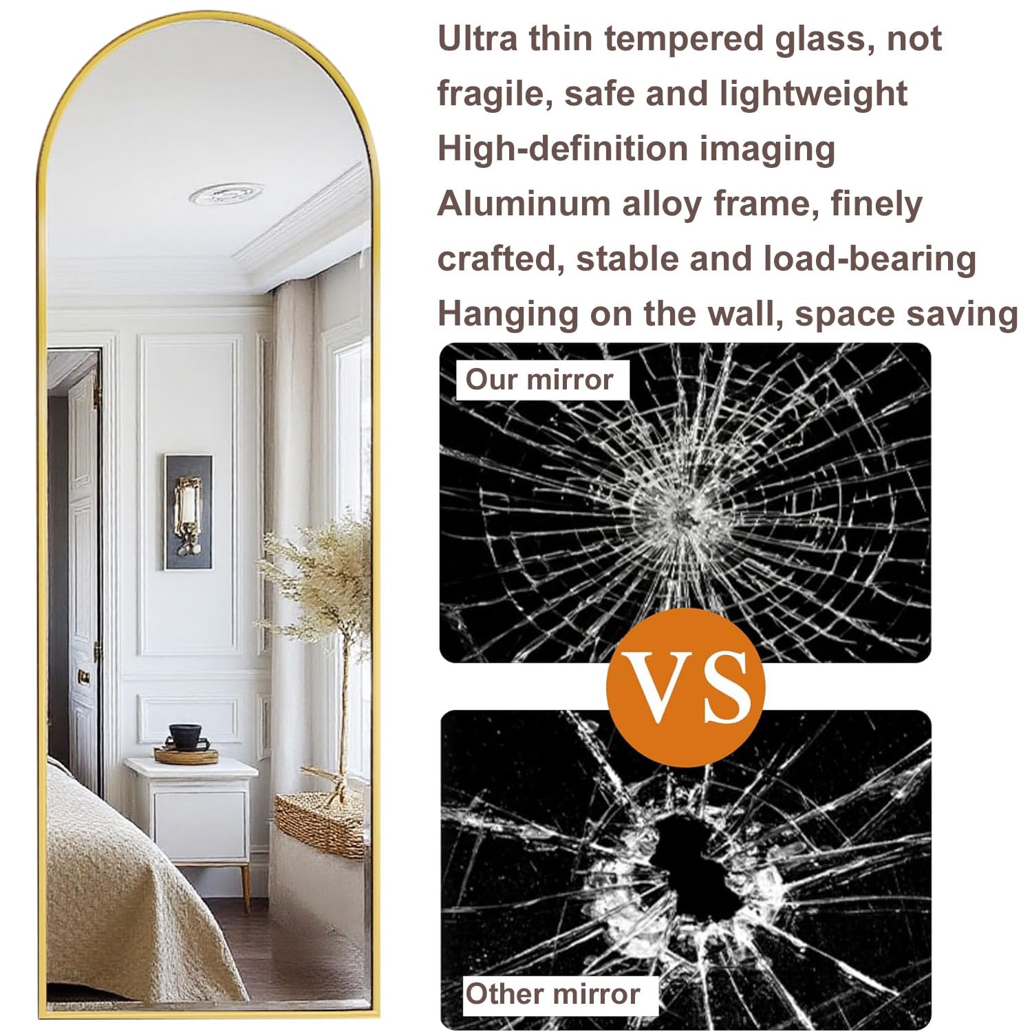 DMWOODFL tempered glass full-view mirror in gold for clear reflection