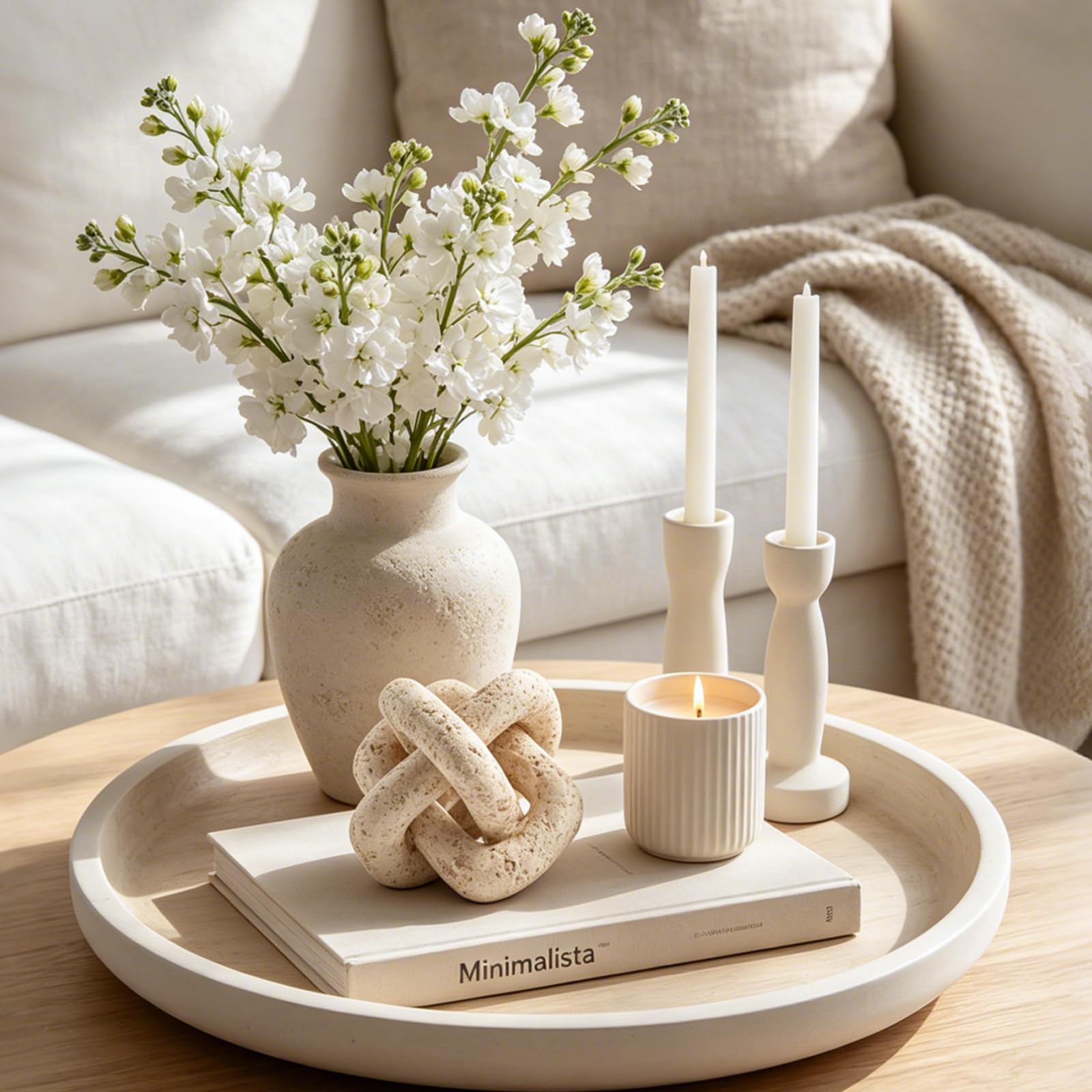 DN DECONATION 3-link knot decor beige travertine on bookshelf, adds texture