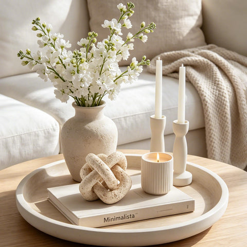 DN DECONATION 3-link knot decor beige travertine on bookshelf, adds texture