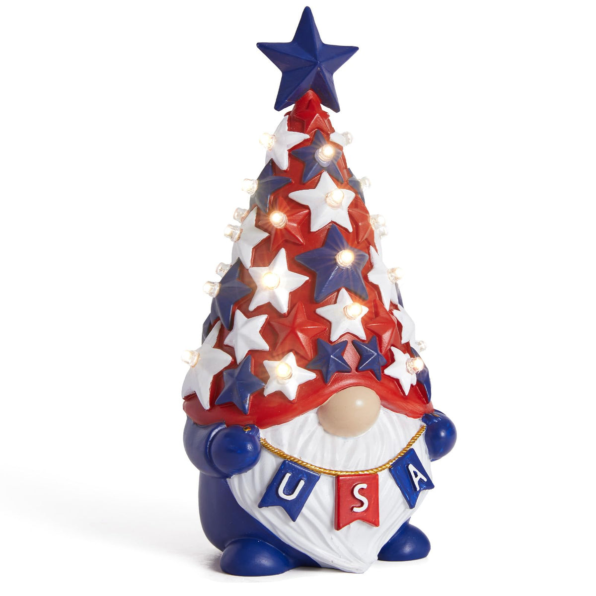 DN Deconation patriotic gnome with star hat lights up Fourth of July table.