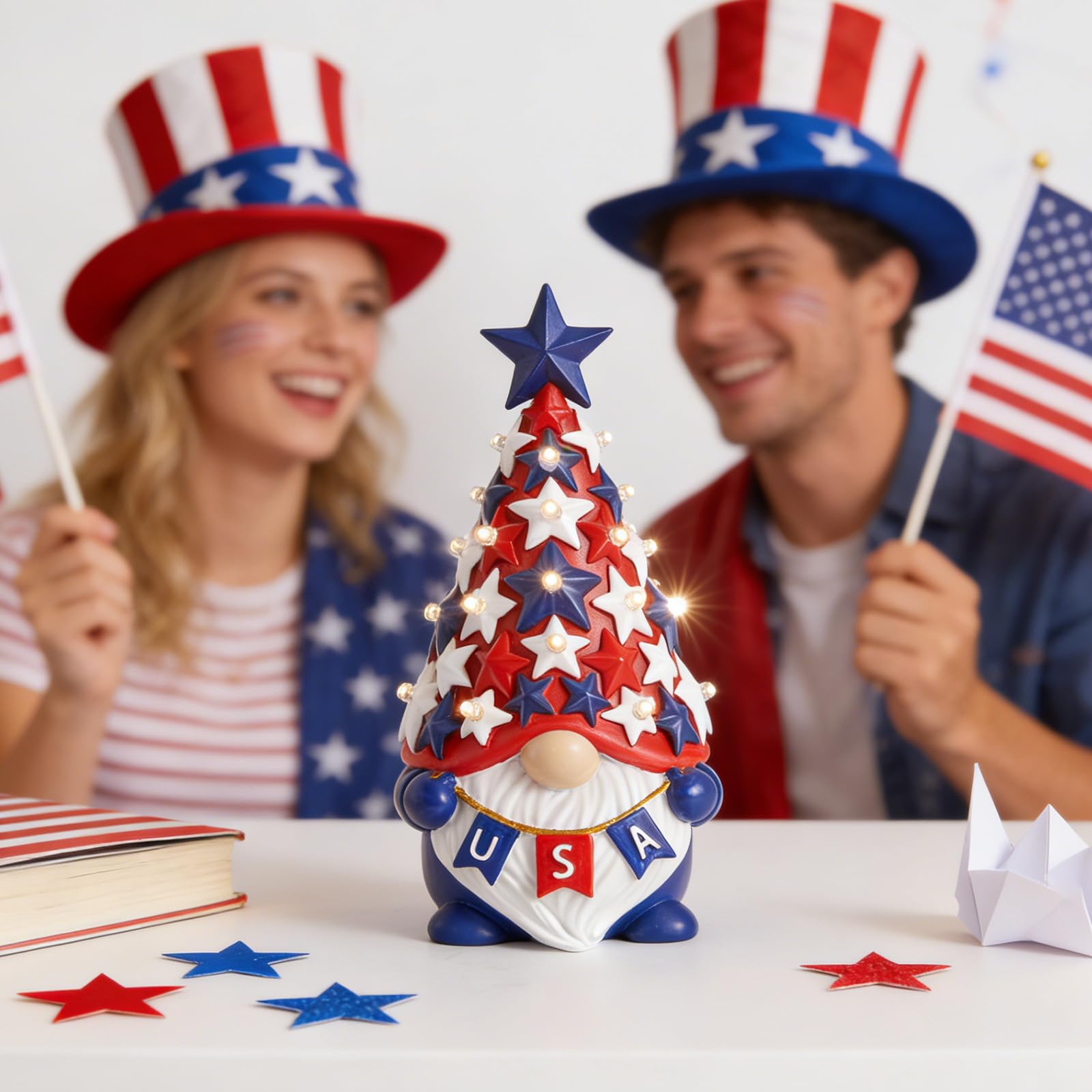 DN Deconation red white and blue gnome complements holiday tablescapes.