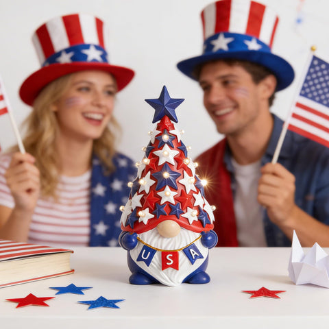 DN Deconation red white and blue gnome complements holiday tablescapes.
