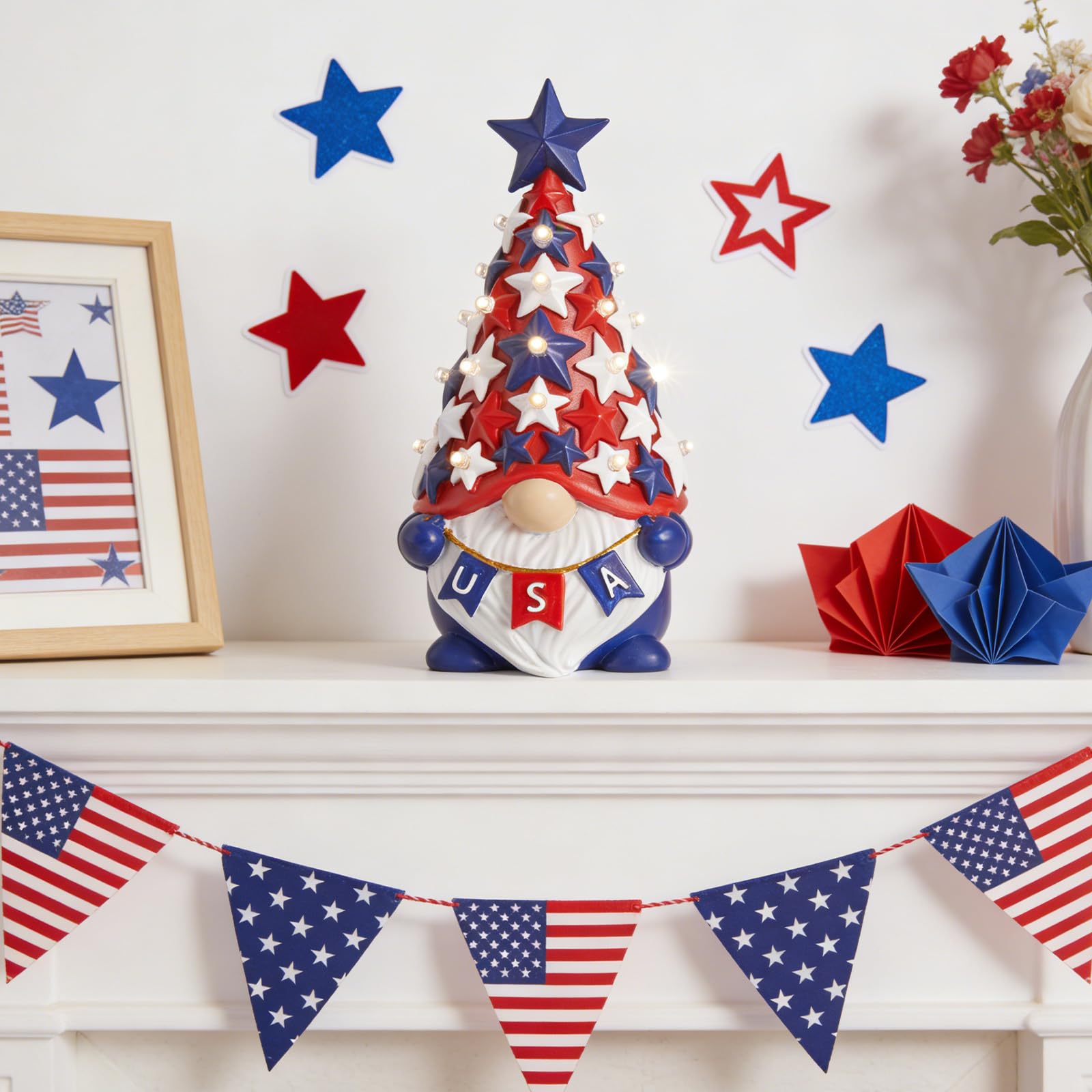 DN Deconation resin gnome with hand-painted stars and twinkling hat lights.