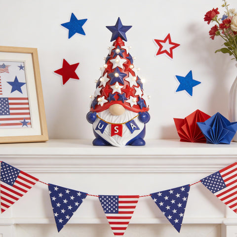 DN Deconation resin gnome with hand-painted stars and twinkling hat lights.