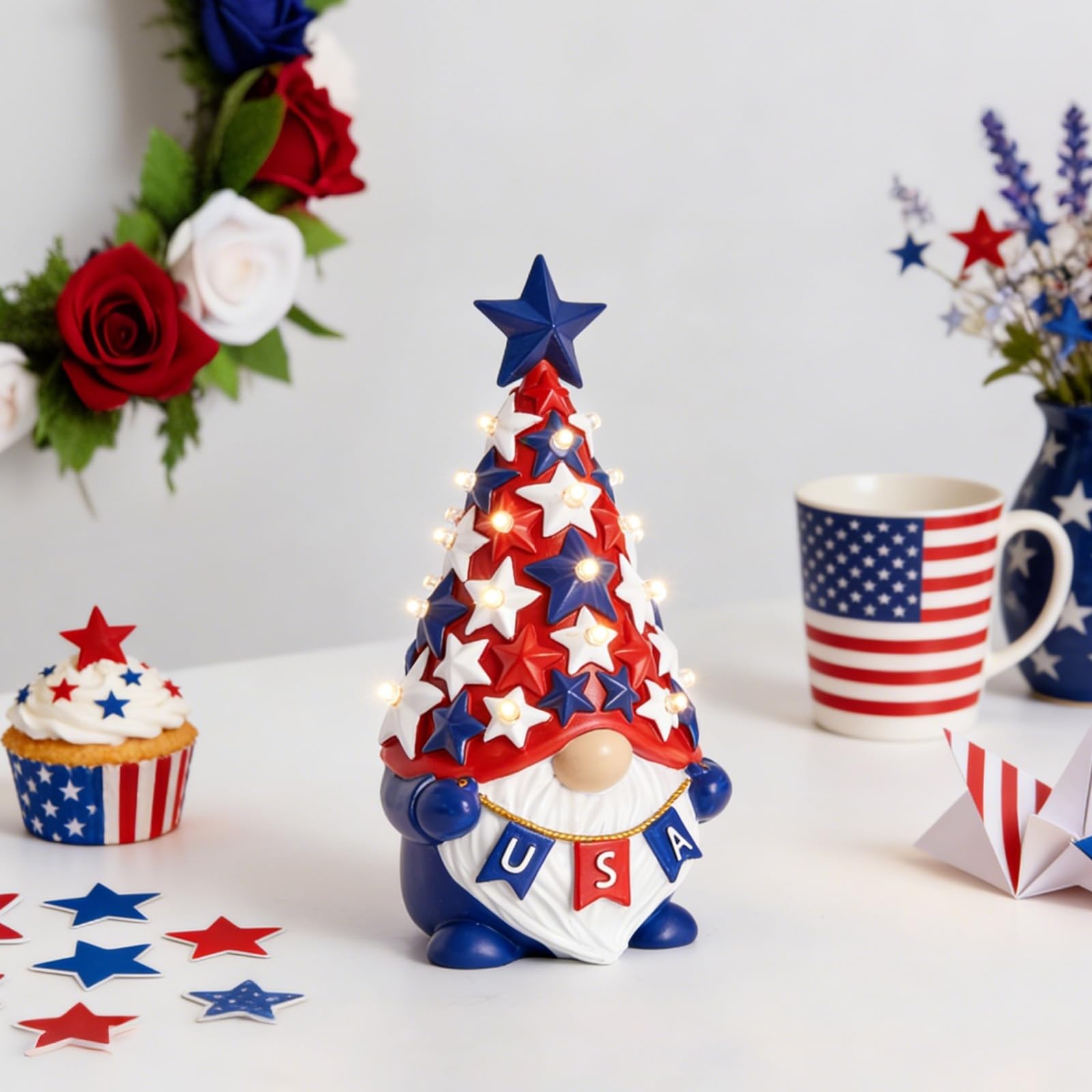 DN Deconation USA banner on gnome chest adds Americana charm.