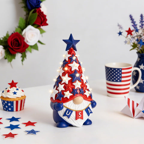 DN Deconation USA banner on gnome chest adds Americana charm.