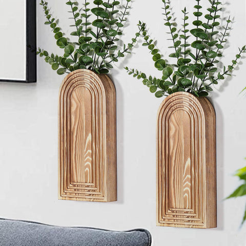 Dnnnii 2-pack wooden wall vase set front view, showcasing elegant brown finish