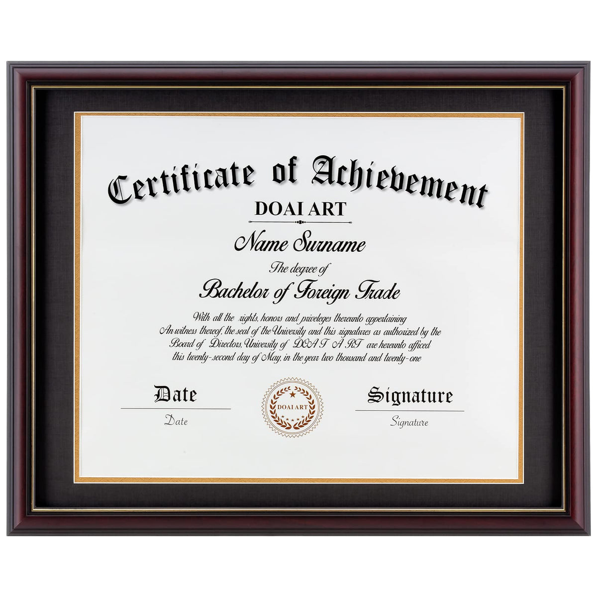 DOAI ART diploma frame 14x17 with black over gold mat highlights certificate display.