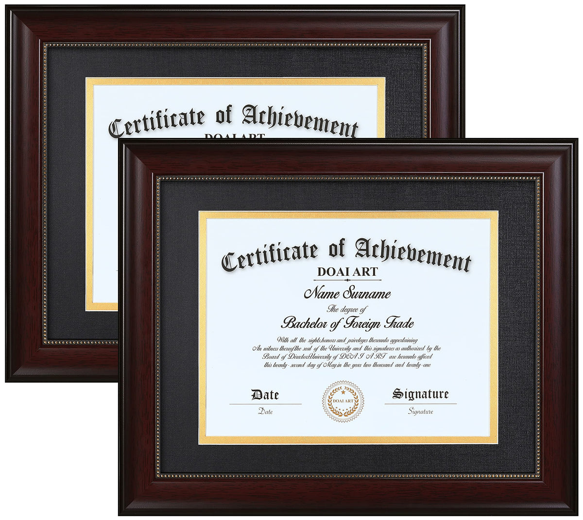 DOAI ART diploma frame set 2-pack with classic mahogany finish enhances certificate display.