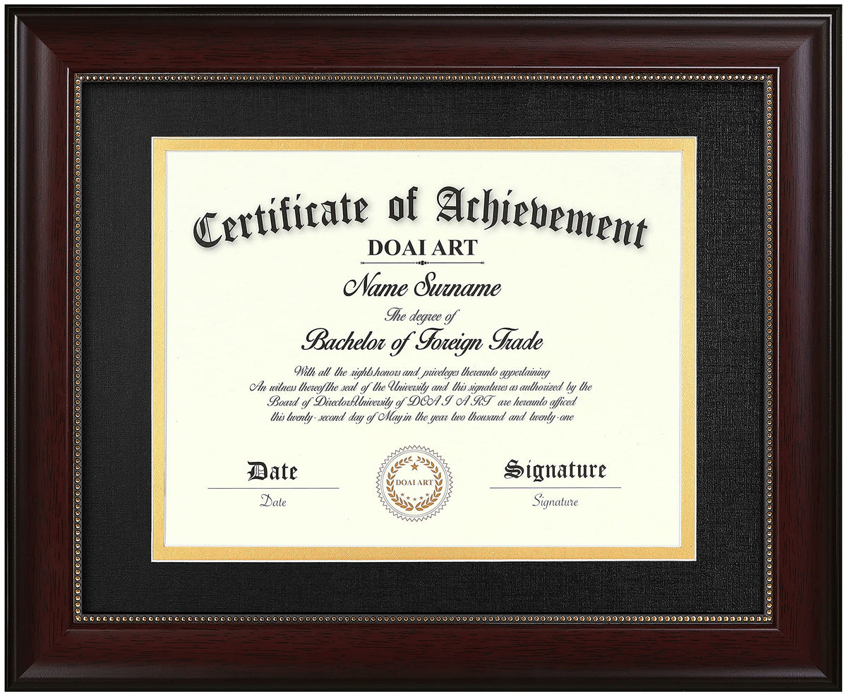 DOAI ART diploma frame front view in mahogany highlighting certificate presentation