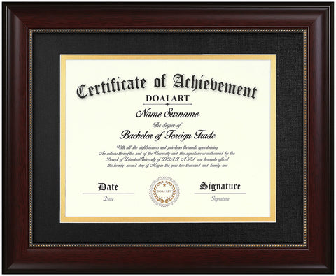 DOAI ART diploma frame front view in mahogany highlighting certificate presentation