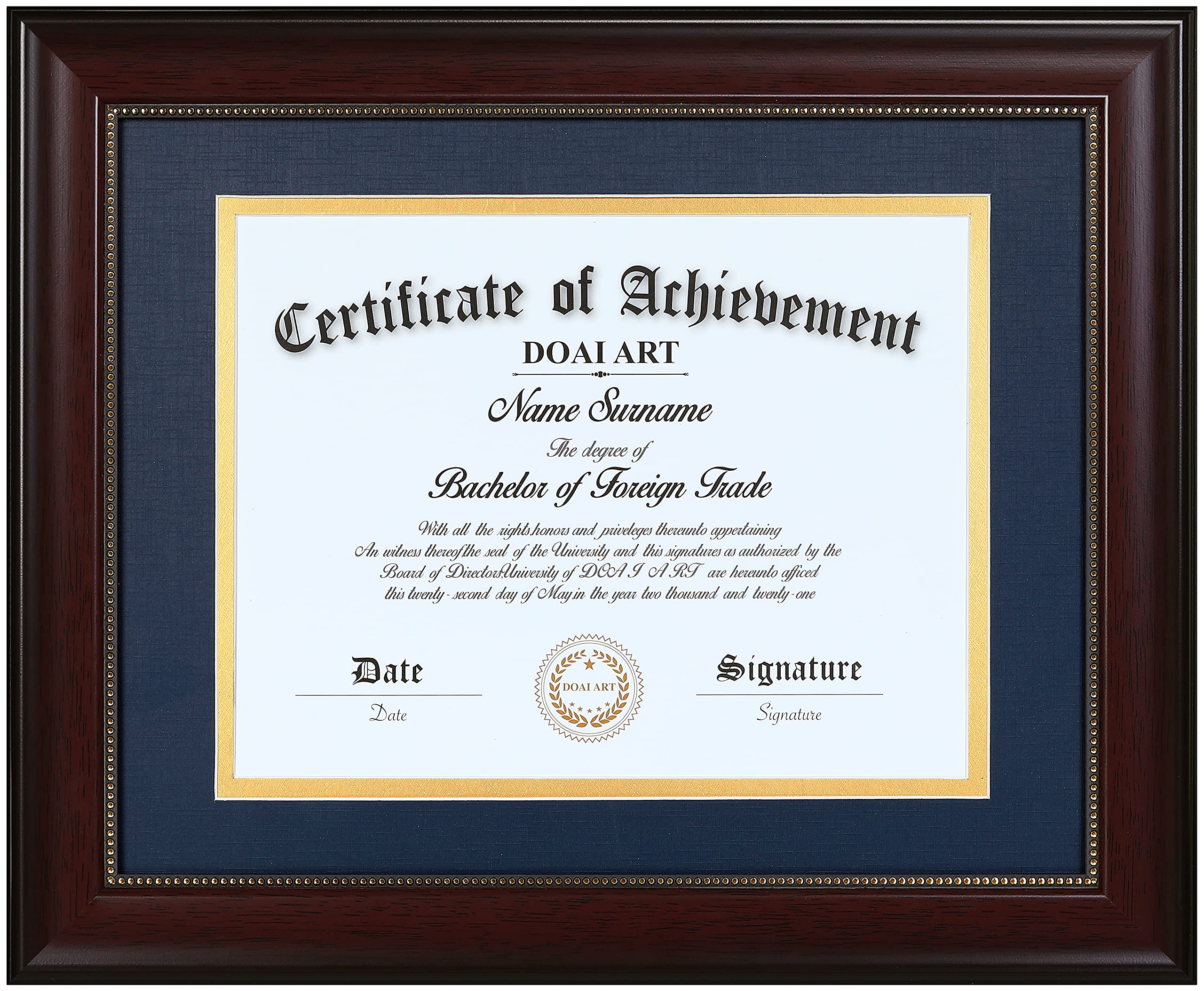 DOAI ART diploma frame mahogany front view with blue over gold mat, premium presentation.