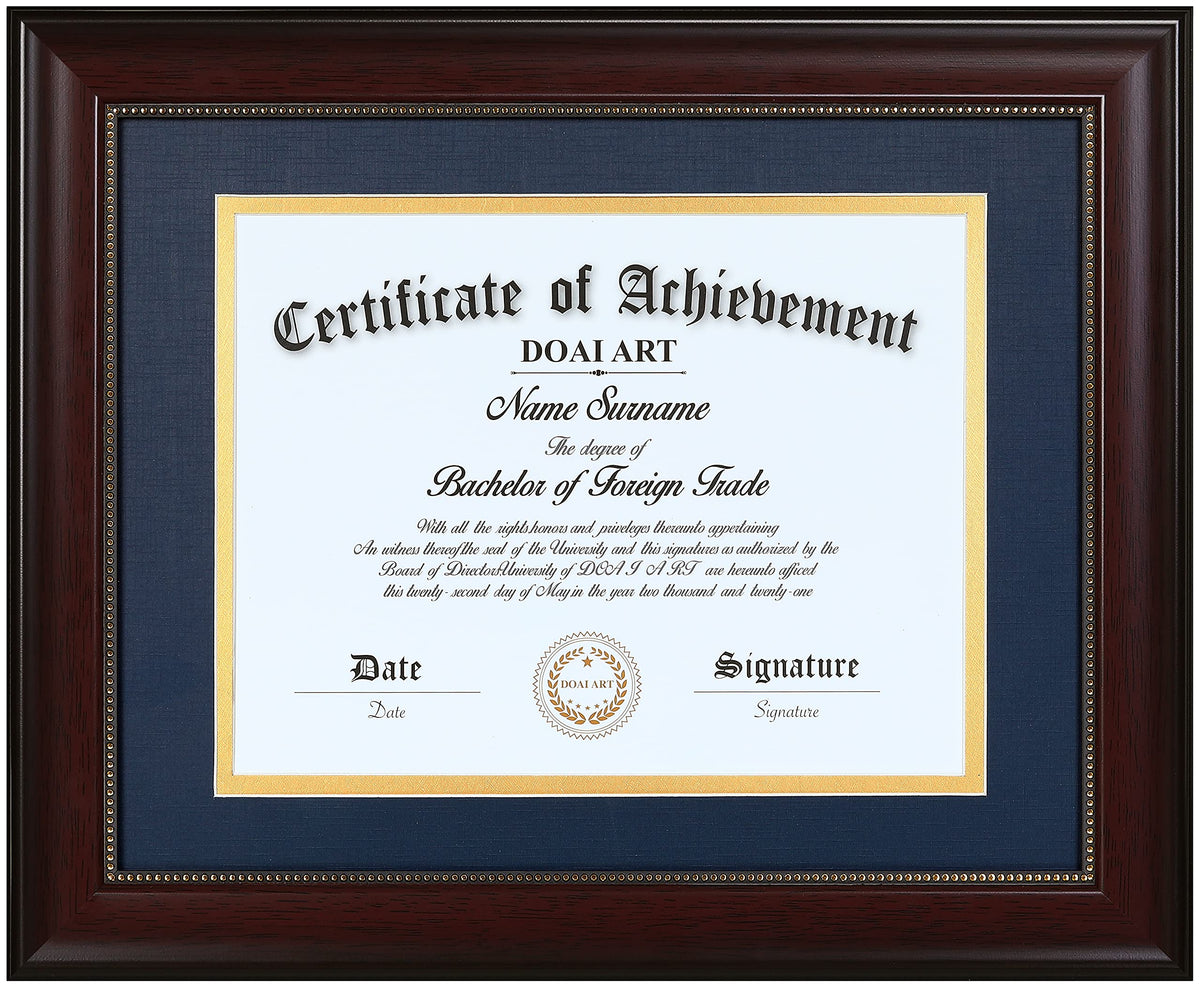 DOAI ART diploma frame mahogany front view with blue over gold mat, premium presentation.