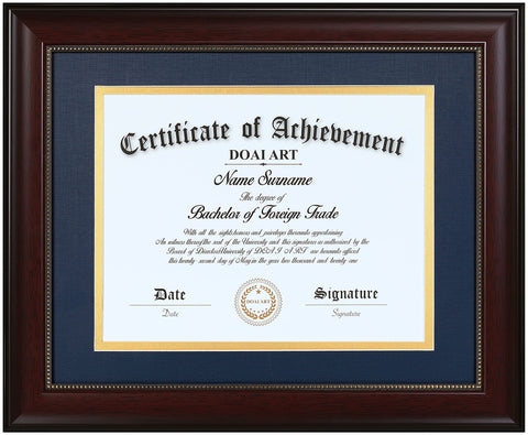 DOAI ART diploma frame mahogany front view with blue over gold mat, premium presentation.