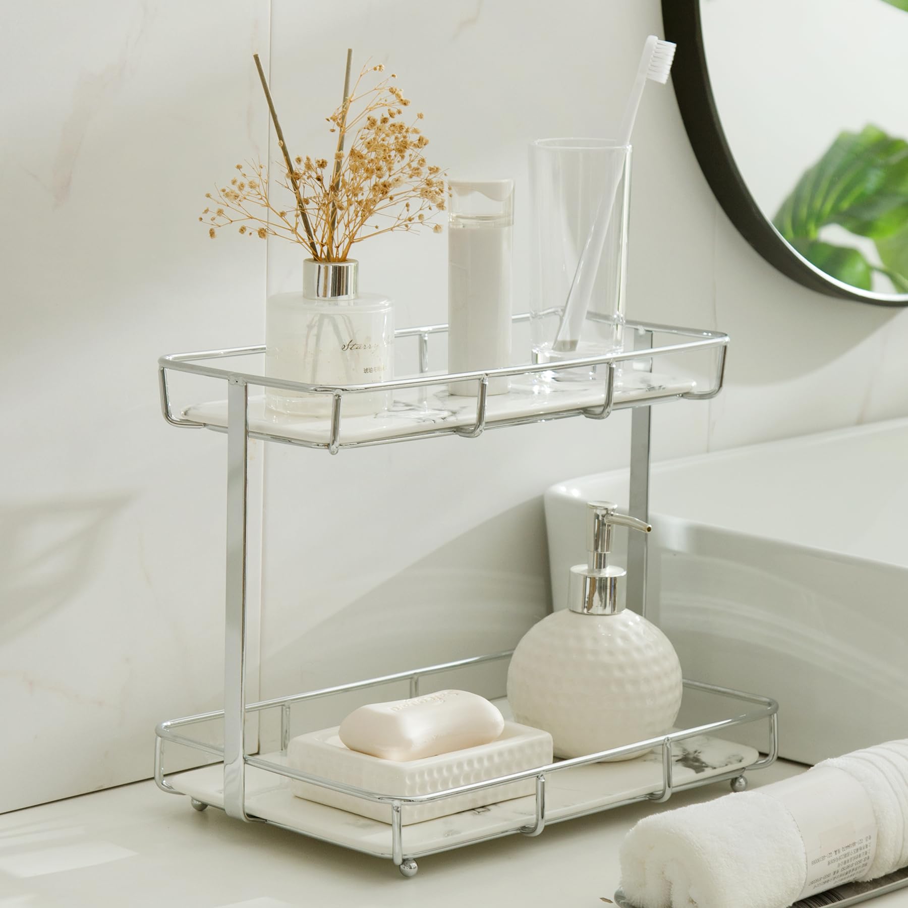 Dobbyby bathroom organizer on countertop keeps daily cosmetics organized and accessible.