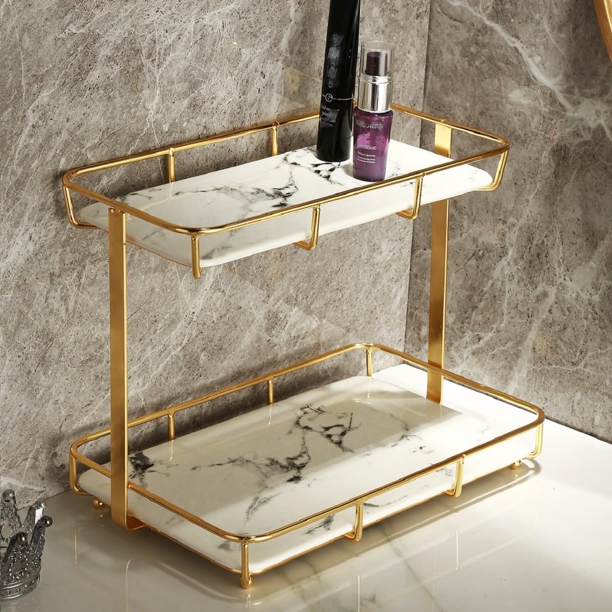 Dobbyby countertop bathroom organizer in stainless steel gold for tidy vanity storage.