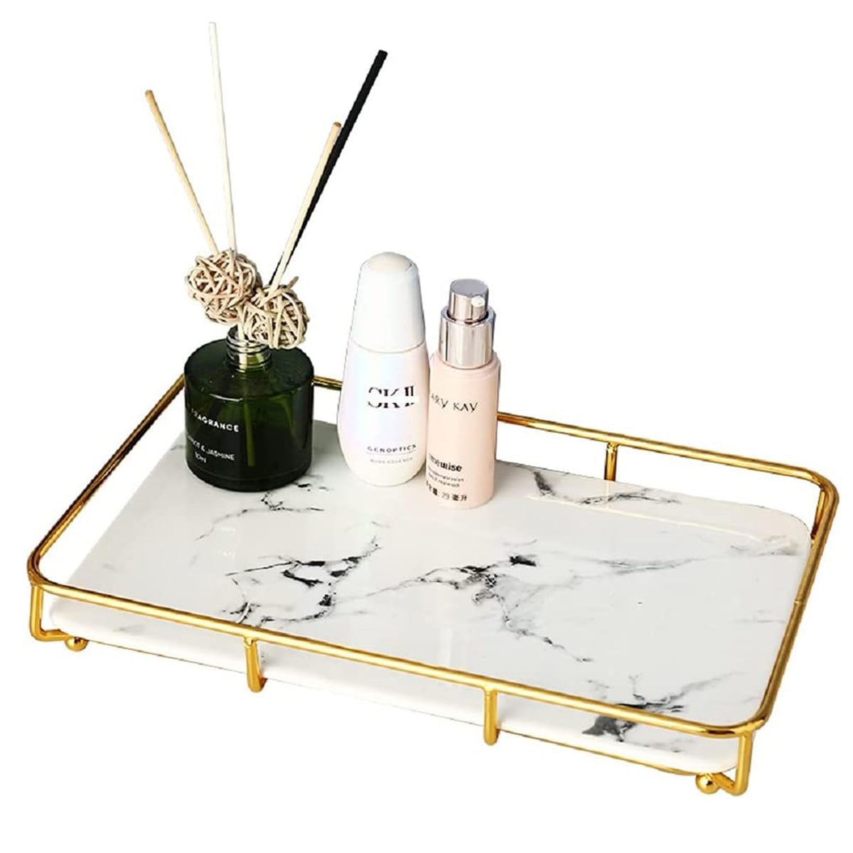 Dobbyby vanity tray with stainless steel frame for durable countertop organization.
