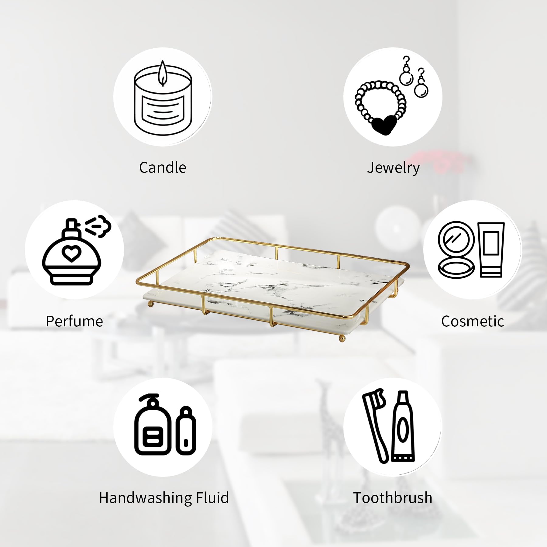 Dobbyby vanity tray features a white ceramic plate for flexible styling.