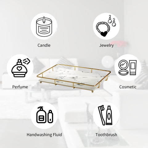 Dobbyby vanity tray features a white ceramic plate for flexible styling.
