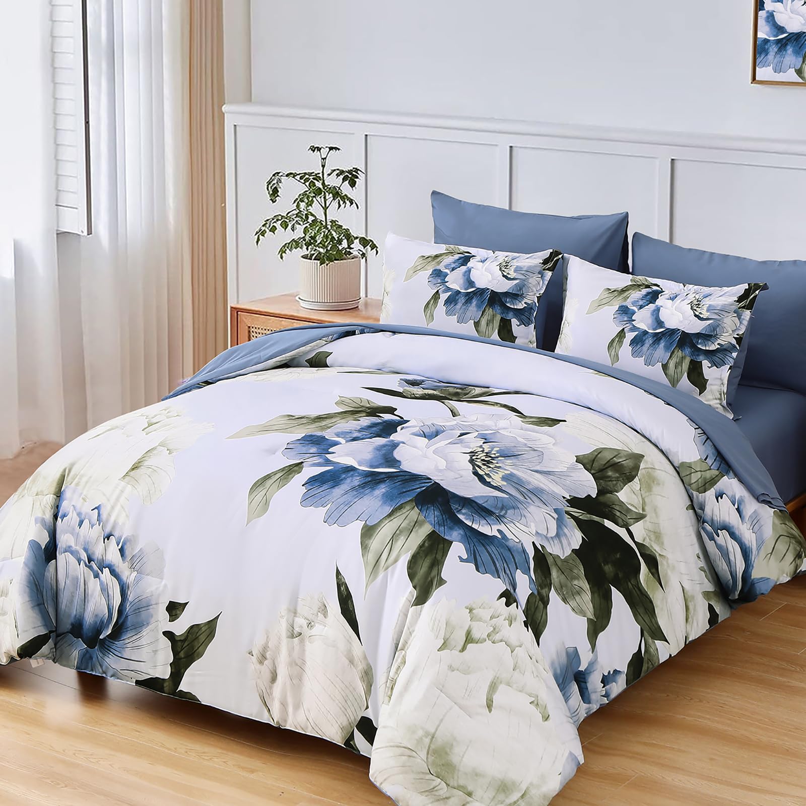 Dobuyly blue floral pattern details highlight spring-inspired motif for stylish bedrooms
