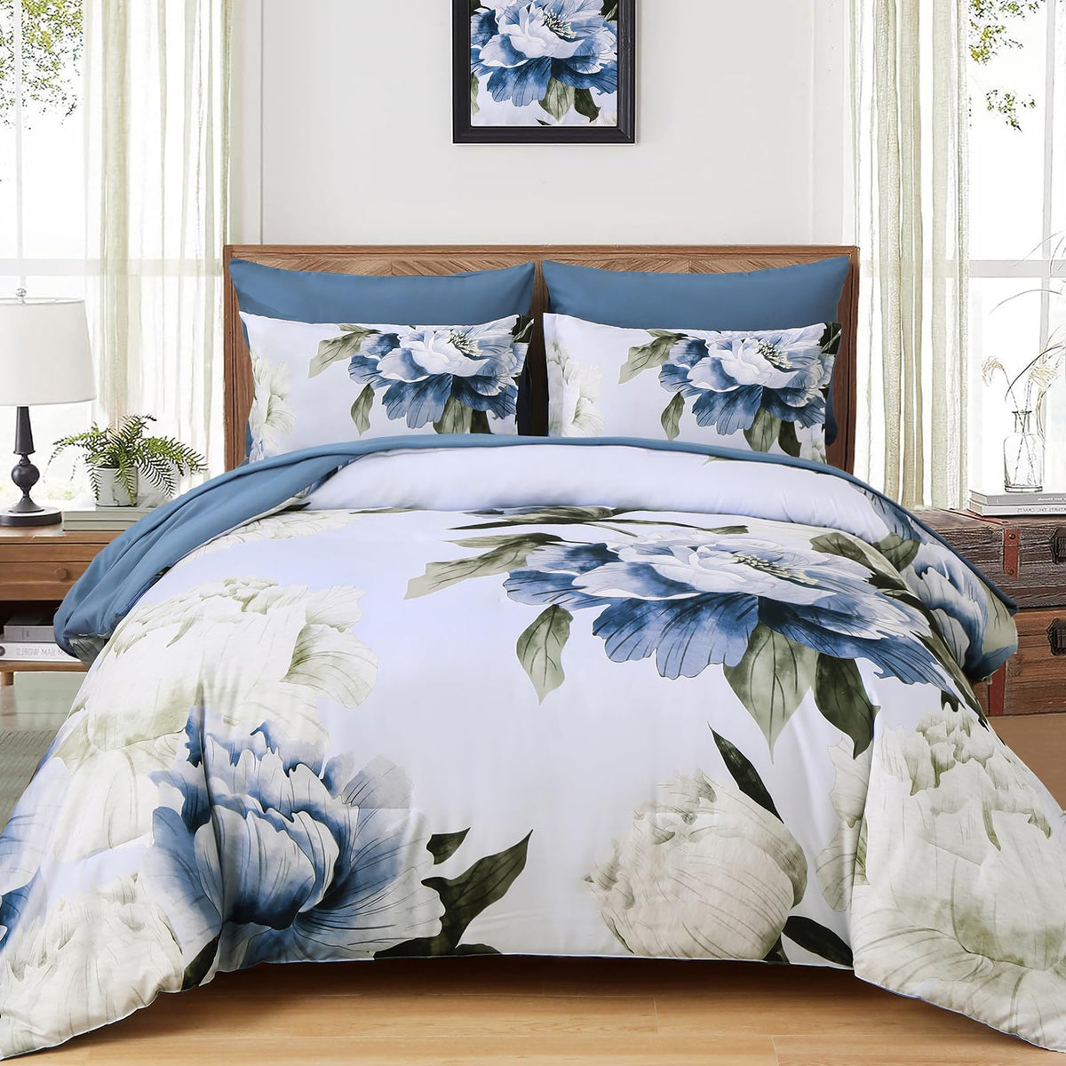 Dobuyly blue queen comforter set packaging highlighting easy setup and contents