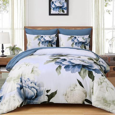 Dobuyly blue queen comforter set packaging highlighting easy setup and contents