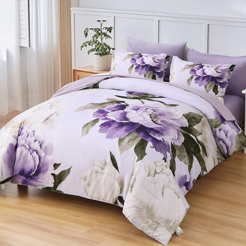 Light purple background with floral print on queen flat sheet set