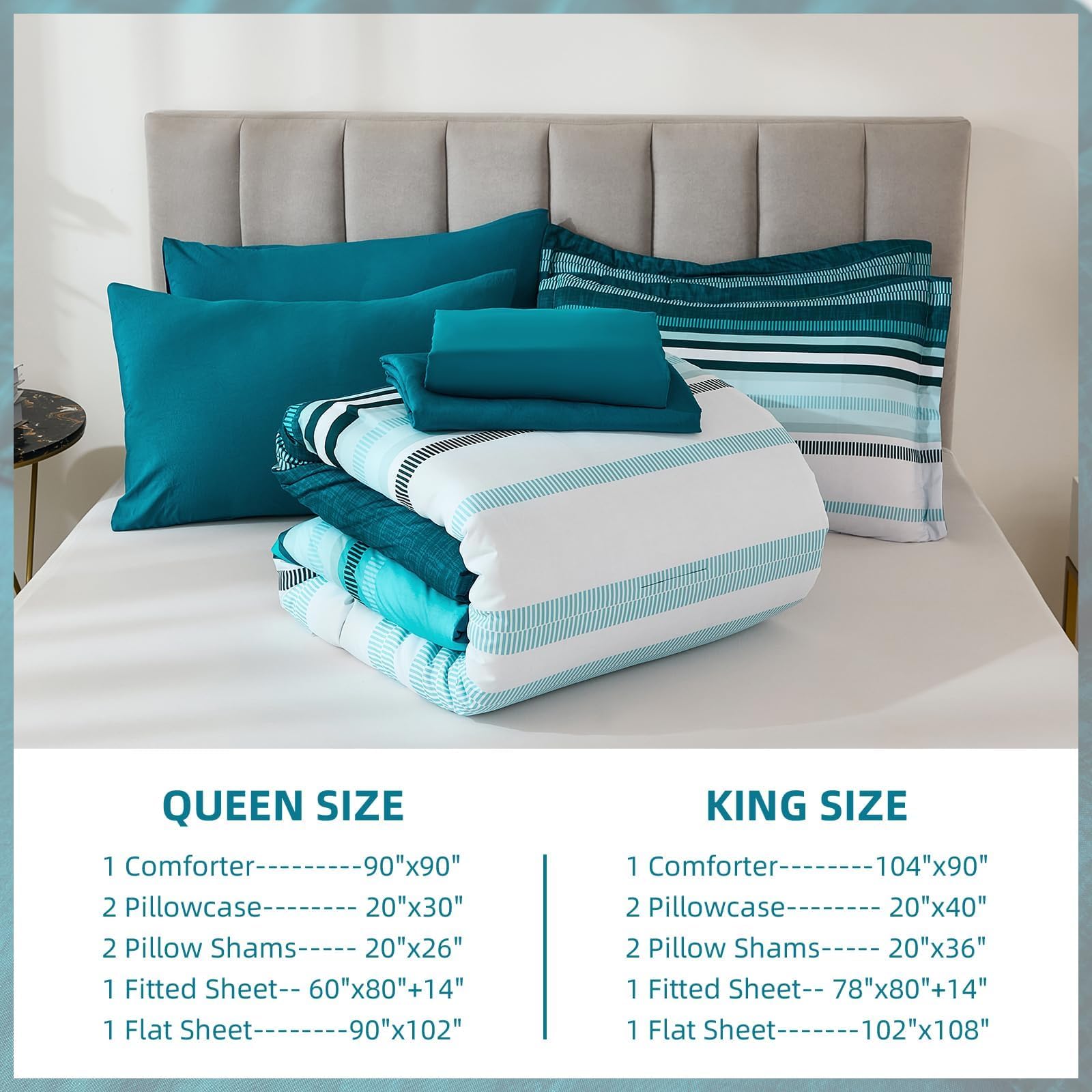 Dobuyly Teal Queen bedding on bed shows bold stripes in a cozy setup.