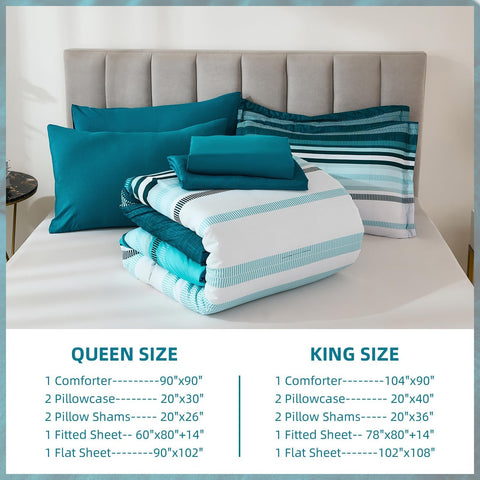 Dobuyly Teal Queen bedding on bed shows bold stripes in a cozy setup.