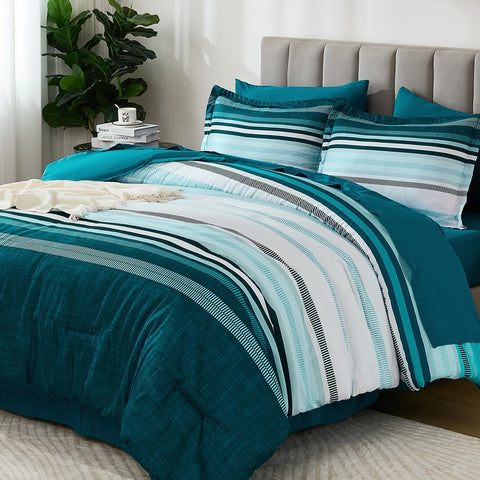 Dobuyly Teal Queen Comforter Set flat lay with bold stripes and inviting texture.