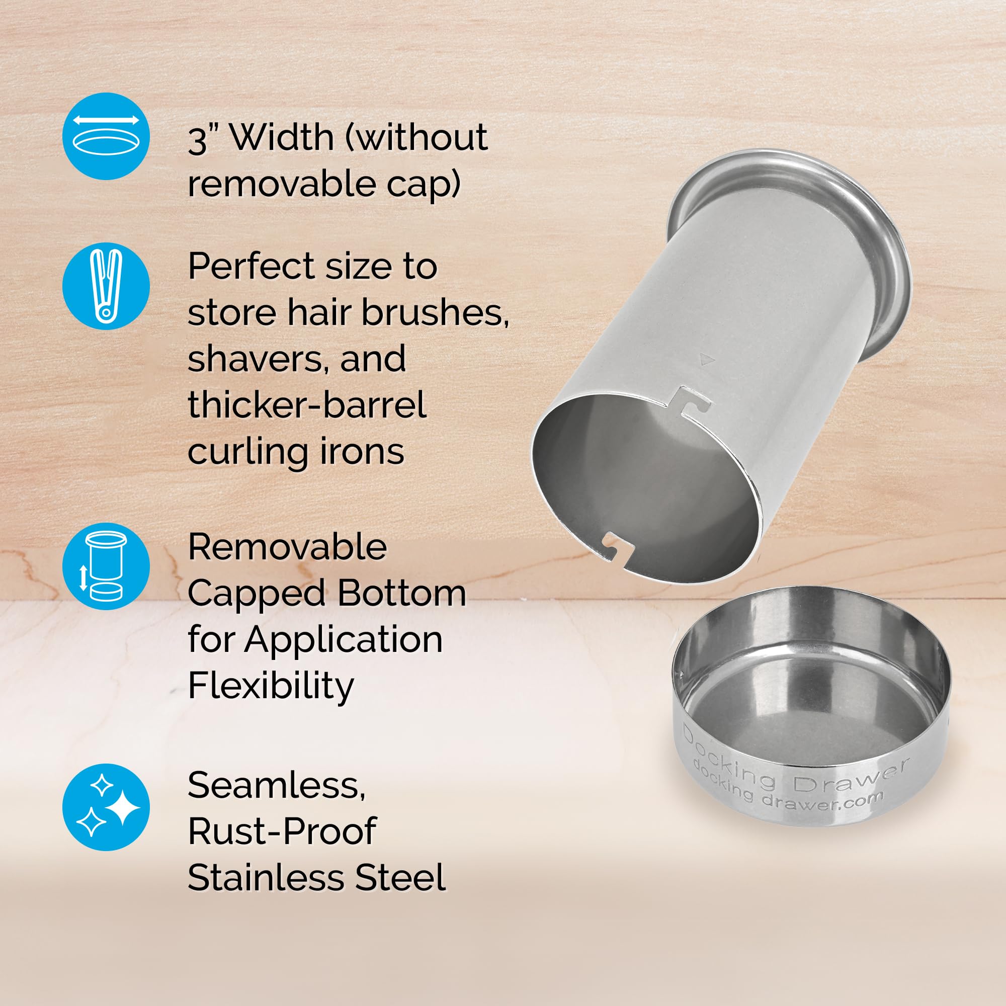 Docking Drawer 3in stainless steel canister open with curling irons ready.