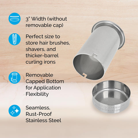 Docking Drawer 3in stainless steel canister open with curling irons ready.