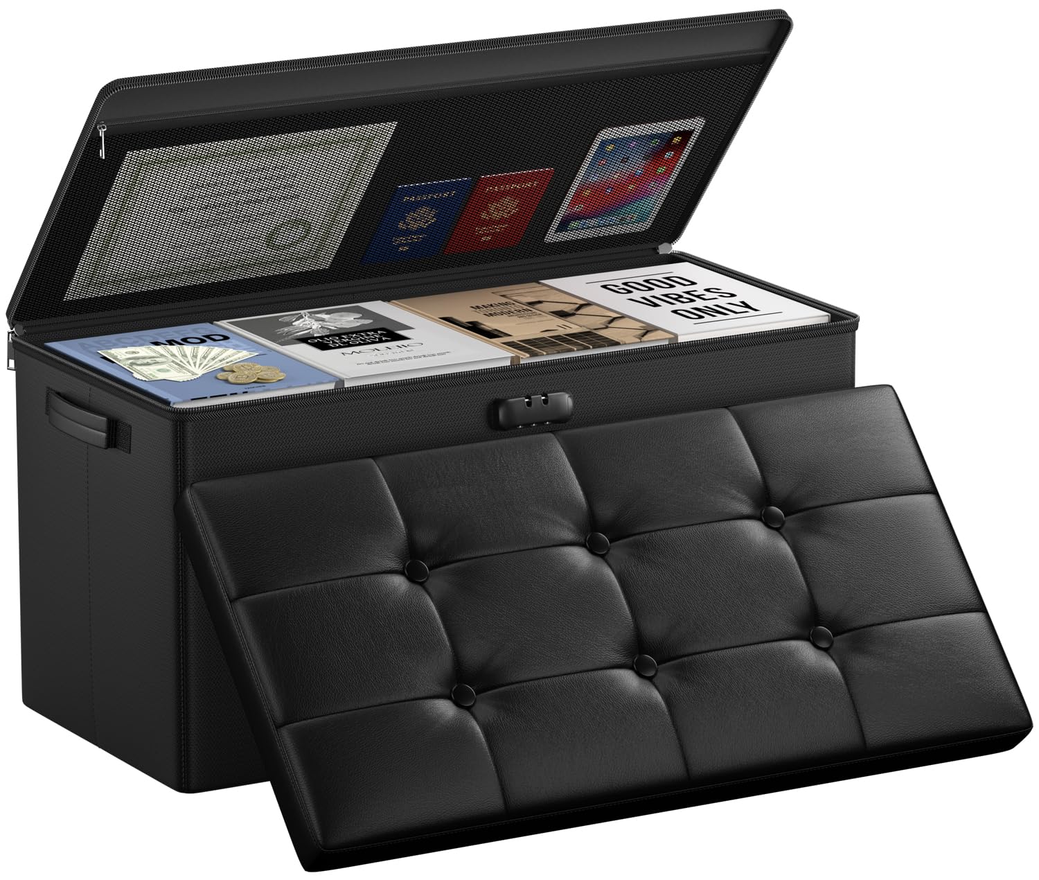 DocSafe fireproof storage ottoman with closed lid showing secure storage