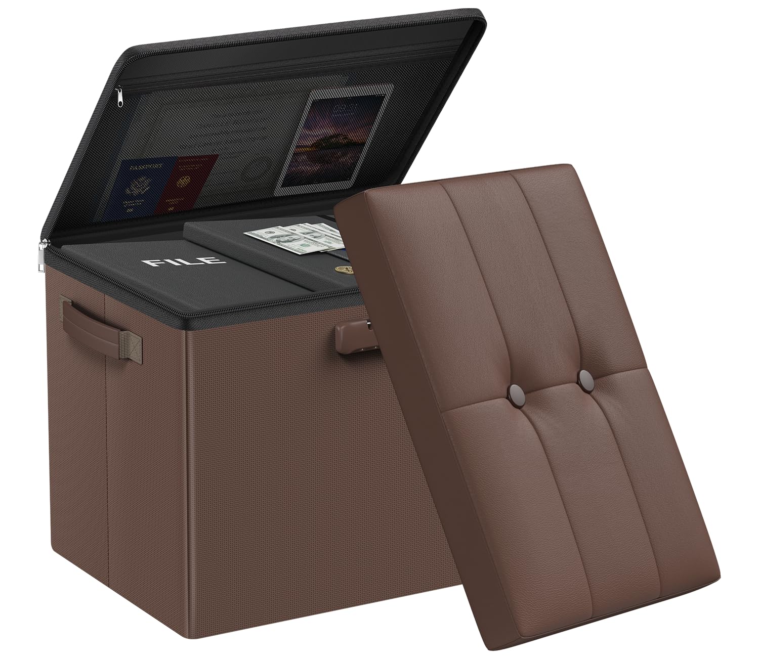 DocSafe fireproof ottoman lid closed with hidden storage.