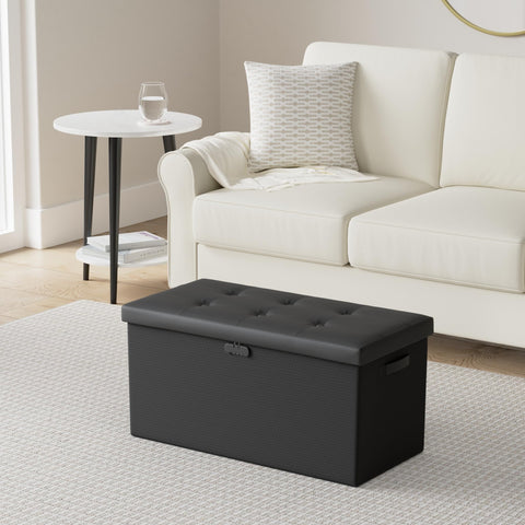 DocSafe fireproof storage ottoman with open lid revealing hidden space
