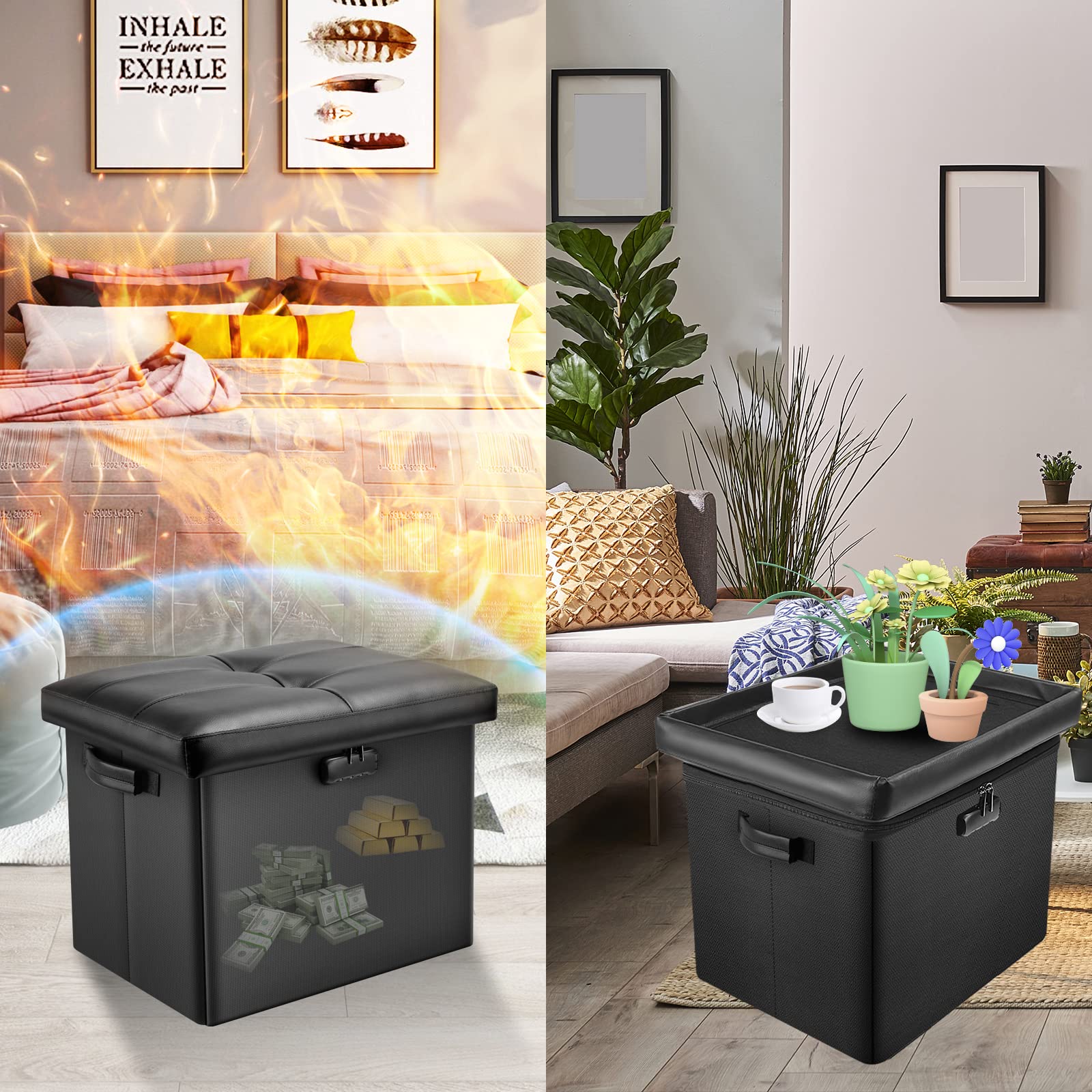 DocSafe ottoman lid open shows 47L hidden storage space for belongings
