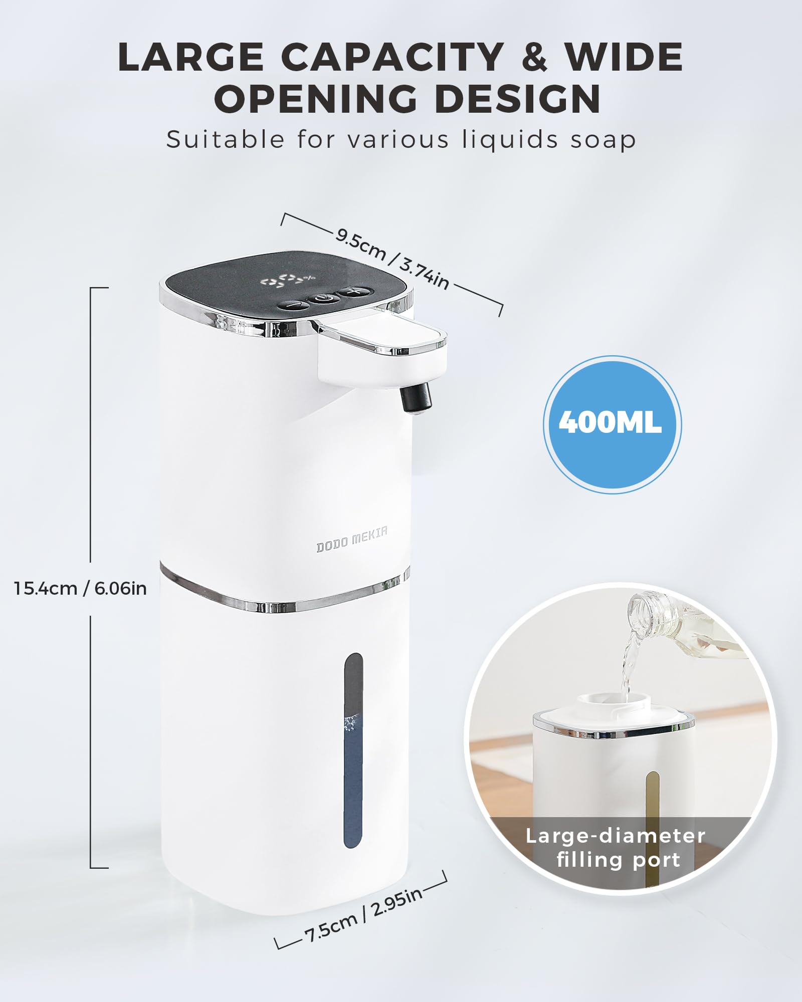 DODO MEKIA USB-rechargeable battery indicator shows power and foam level