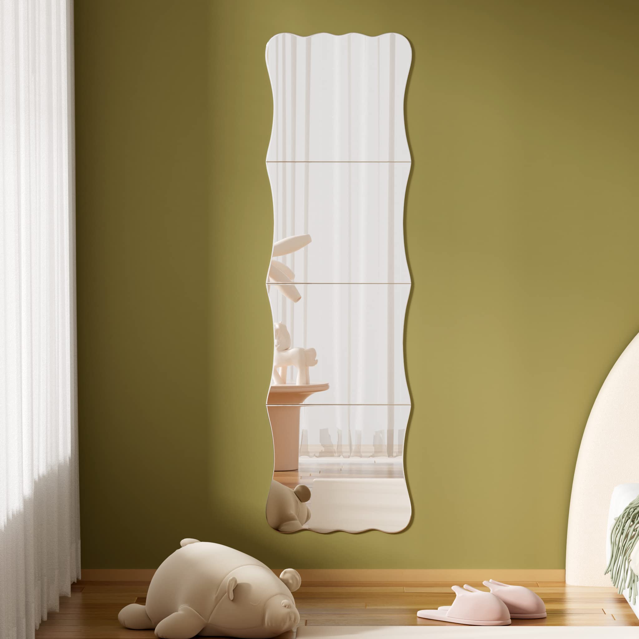 Doeean Wavy mirror tile protective film removal reveals pristine shine after installation.