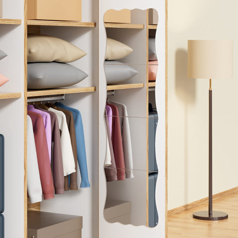 Doeean Wavy mirror tile mounts on walls, tiles, closets, or doors in various spaces.