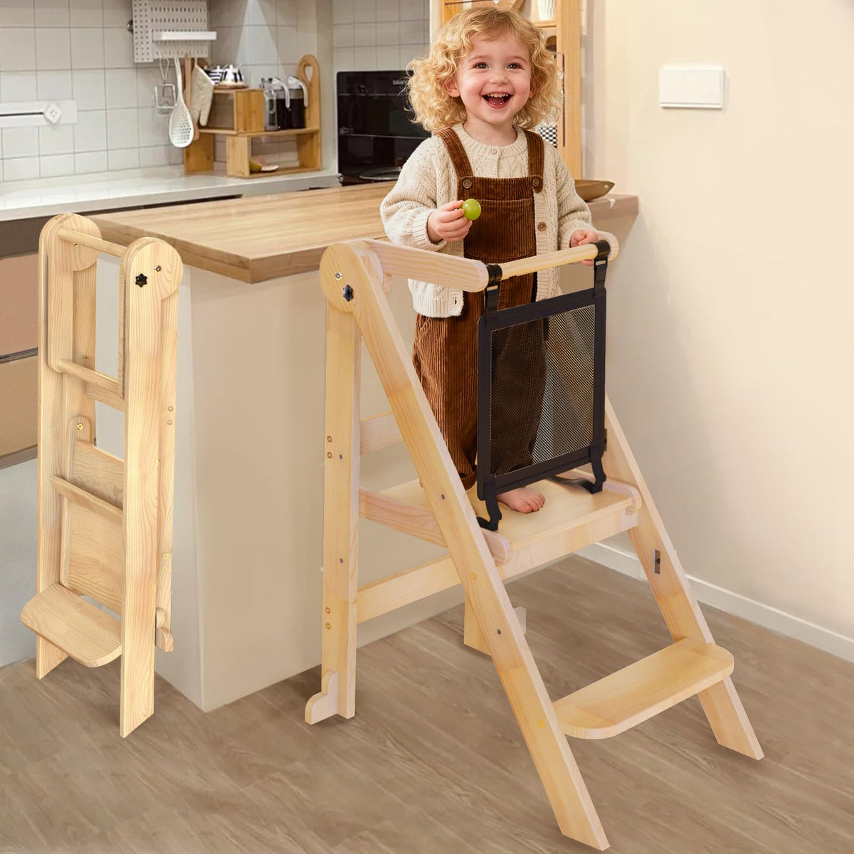 Doerpuz foldable toddler tower with guardrails ensures safe access for kitchen tasks.
