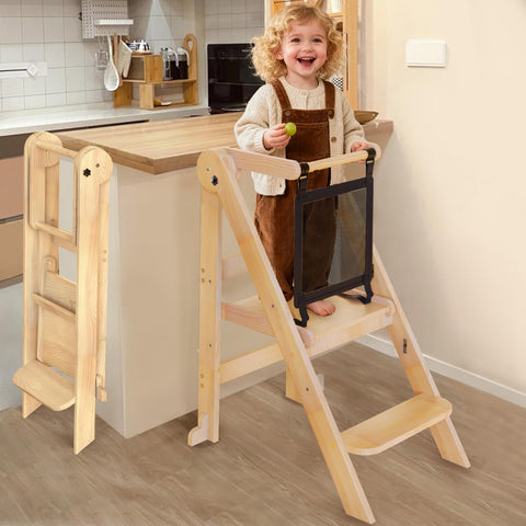 Doerpuz foldable toddler tower with guardrails ensures safe access for kitchen tasks.