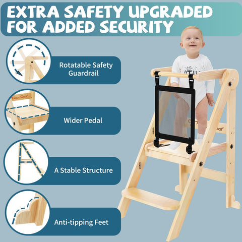 Doerpuz foldable toddler tower shows height options for evolving toddler reach.