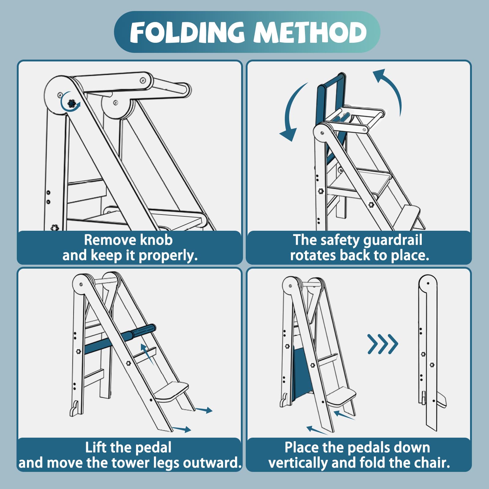 Doerpuz toddler tower safety rails keep little ones secure during tasks.