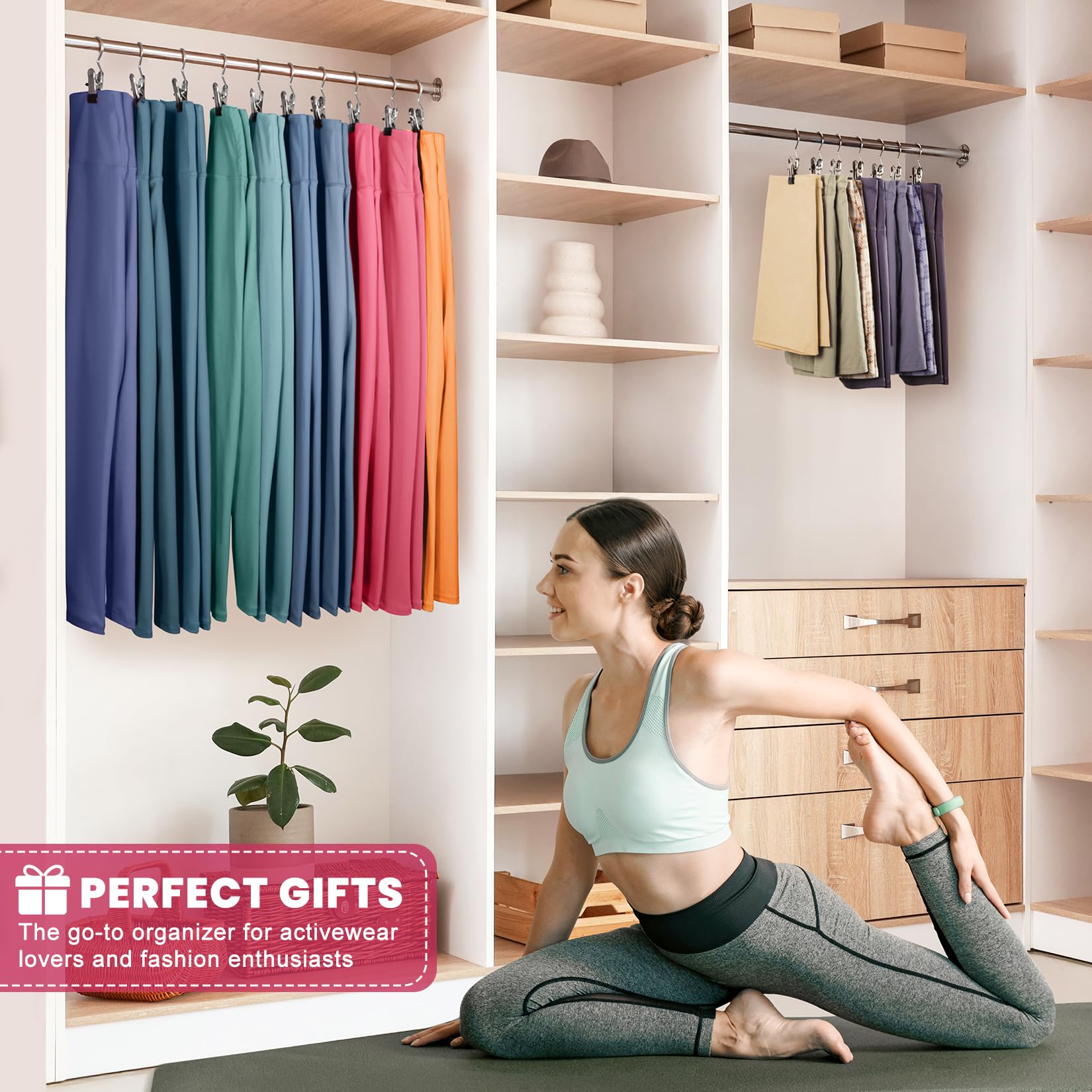 DOIOWN leggings hangers with clips keep yoga pants secure and visible.
