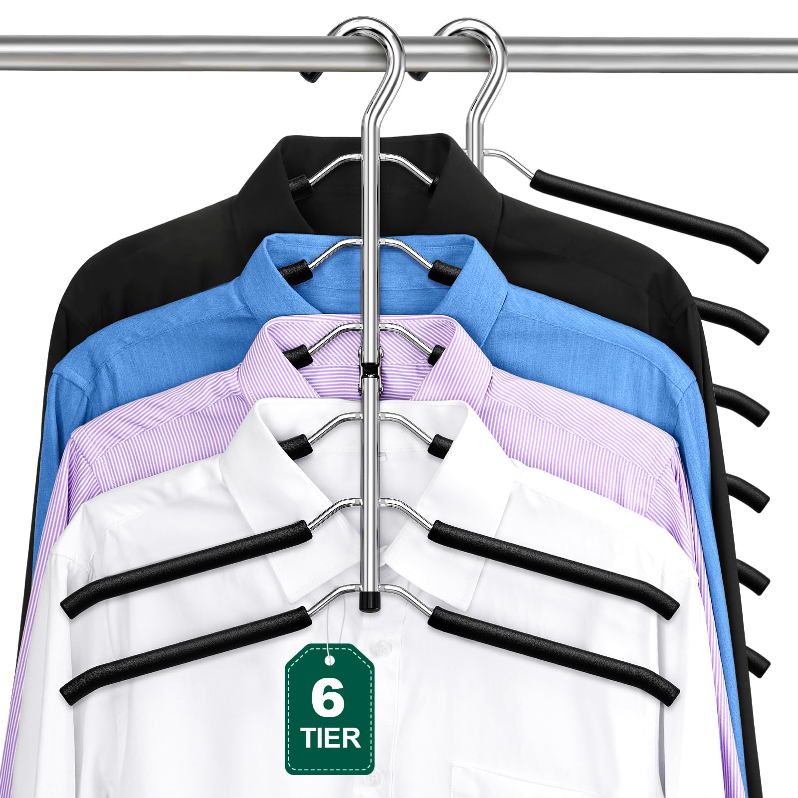 DOIOWN space-saving six-tier hangers organize shirts and sweaters efficiently.