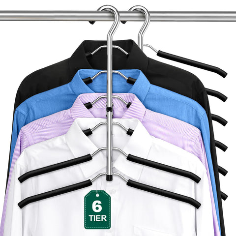 DOIOWN space-saving six-tier hangers organize shirts and sweaters efficiently.